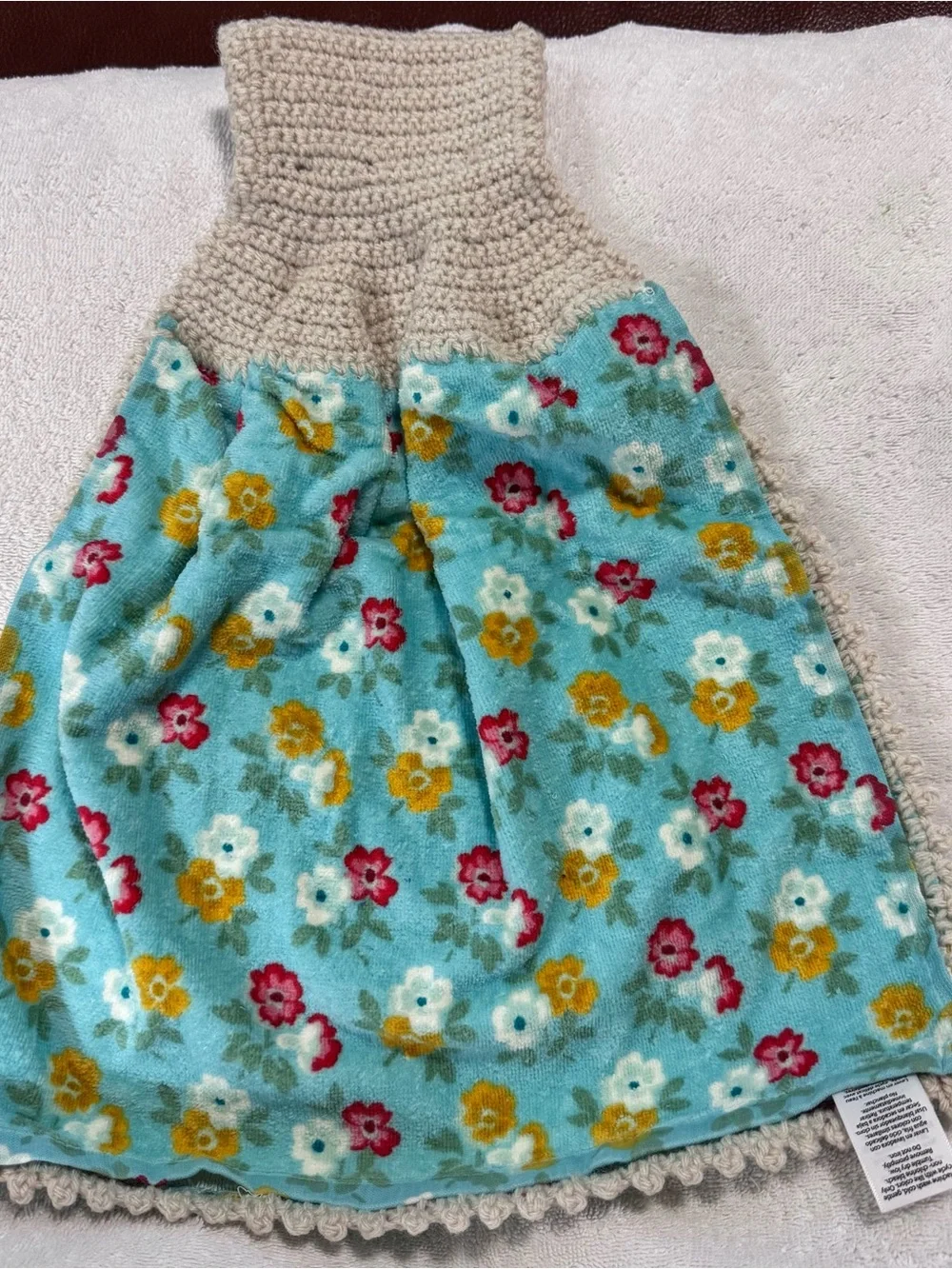 Handmade Pioneer Woman Turquoise Floral Crochet Hanging Kitchen Towel